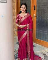 Dark Red Chinnon Silk Saree, Festive Party Wear Elegance - Saree - Aakritee - S10676